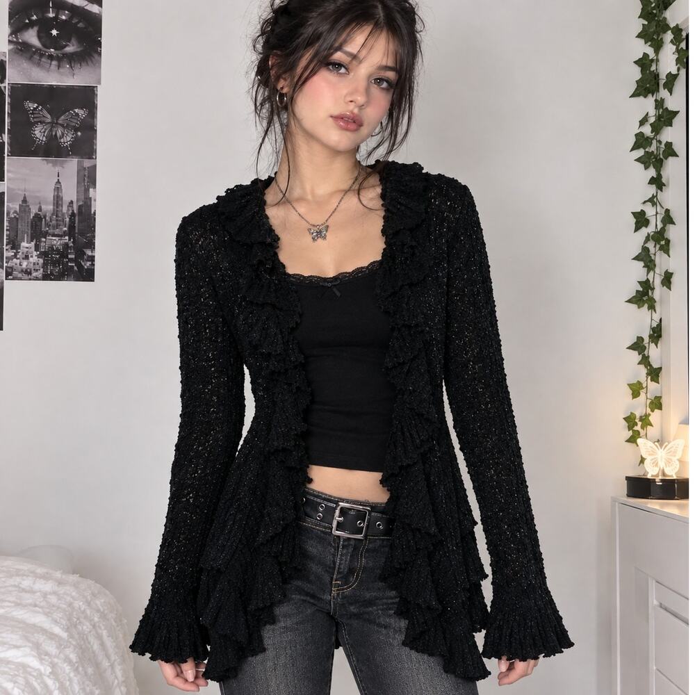 Y2k Sisters black ruffle feathered black cardigan size medium whimsygoth